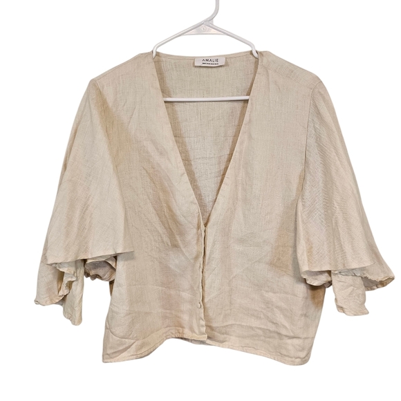 Amalie Linen Cream Button Down Quiet Luxury Old Money Flutter Sleeve Beige Top - Picture 1 of 8